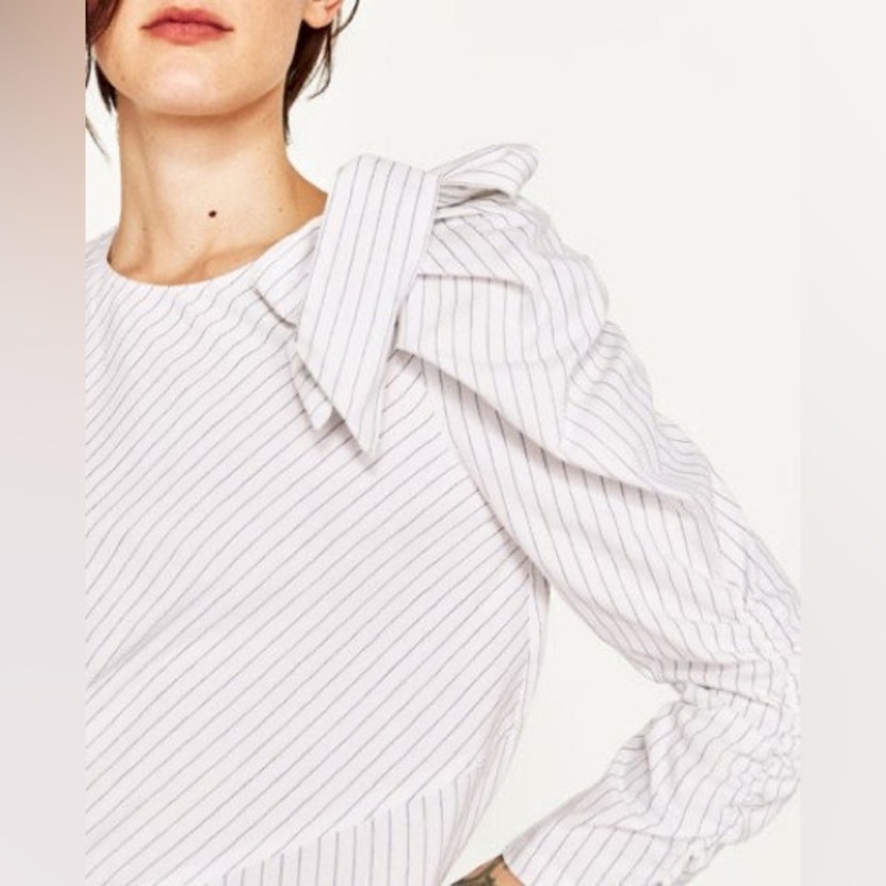 Zara White Striped Shirt with Bow Puff Sleeves size L NWT - Picture 2 of 10